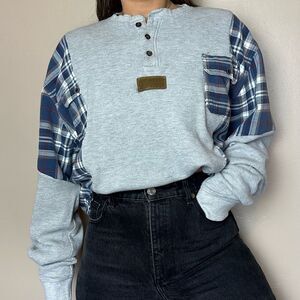 Reworked Wrangler Upcycled Two Tone Long Sleeve Gray Henley Flannel Shirt Top